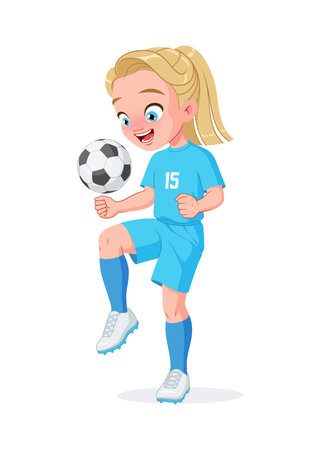 Cute little girl football player in blue uniform kicking soccer ball with knee. Cartoon vector illustration isolated on white background.のイラスト素材