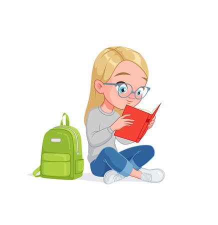 Cute little girl in glasses reading book sitting on the floor. Cartoon vector illustration.のイラスト素材