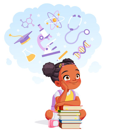 African American school girl dreaming of a career in science. Cartoon vector illustration.のイラスト素材