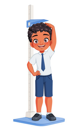 Little Indian boy measuring his height with a stadiometer. Cartoon vector illustration.のイラスト素材