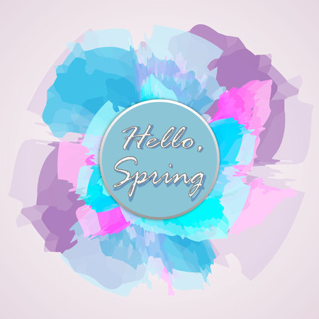  Hello spring greeting card. Hand drawn illustration with wood background effect. Flower wreath and lettering.のイラスト素材