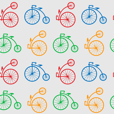 Seamless pattern with retro big wheel bicycles. multicolored antique old bicycle with big wheels Penny-farthing.のイラスト素材