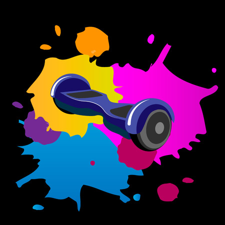 Vector illustration. Hoverboard, gyroscooter, gyroscope. Flat style with spots of blot paintのイラスト素材