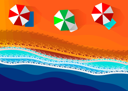 Summer beach in flat design, aerial view, sea side and umbrellas, vector illustration. 10 epsのイラスト素材