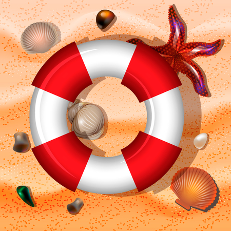 Shells, lifebuoy, and starfishes on sand background. Vector illustrationのイラスト素材