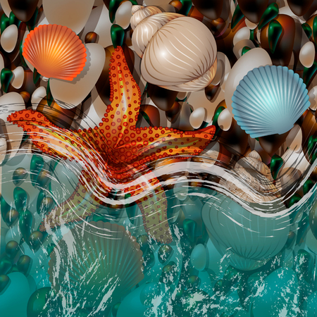 The ocean coast. Surf, wet pebbles. Sea waves. Pebble beach with seashells and sea star.のイラスト素材