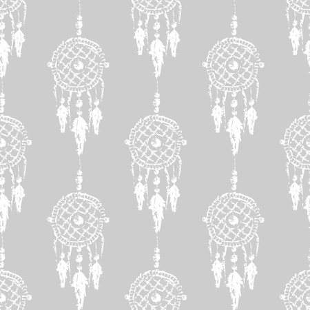 Grunge Dreamcatcher with feathers and branches. Native American Indian talisman. Boho design, tattoo art. Seamless pattern 10 epsのイラスト素材
