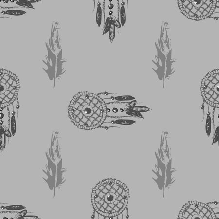 Grunge Dreamcatcher with feathers. Native American Indian talisman. Seamless pattern 10 epsのイラスト素材