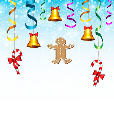 New year card. Christmas fir branches with candy, serpentine, bell and gingerbread man 10 epsのイラスト素材