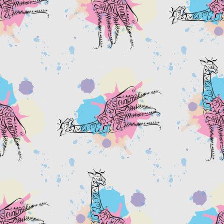 Calligraphic ink silhouette of a giraffe on the background of paint stains with the text Wild Animals. hand drawing. Seamless pattern 10 epsのイラスト素材