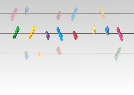 Colored clothes pins on a clothes line rope on gray background . 10 epsのイラスト素材