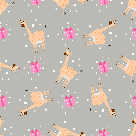 Seamless pattern funny cartoon giraffe with gift 10 epsのイラスト素材