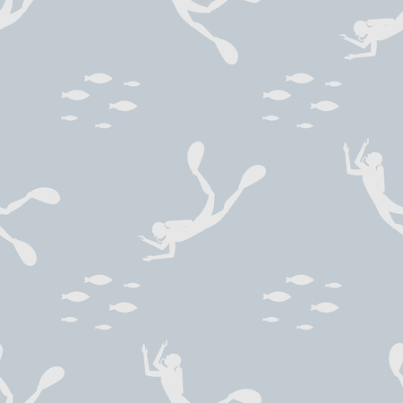 Silhouette diver with fishes seamless pattern. Active lifestyle print. 10 epsのイラスト素材