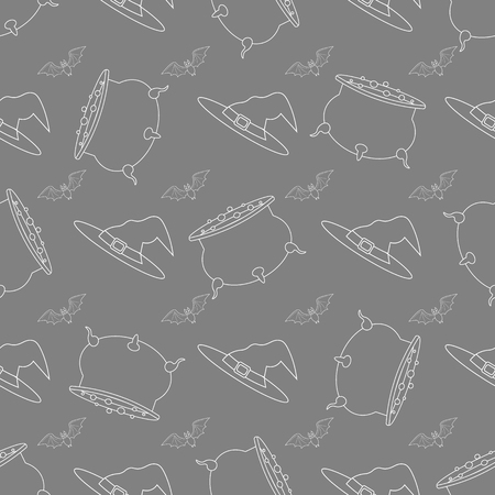 Halloween seamless pattern design with contour witch hat, pot with a potion and bat 10 epsのイラスト素材