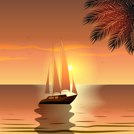 Summer. Yacht with sails in the sea at sunset near a tropical island.10 epsのイラスト素材