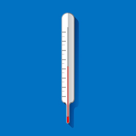 Medical thermometer icon with long shadow. Flat design style. Medical thermometer silhouette. Simple icon. Modern flat icon in stylish colors. Medicine symbol. 10 epsのイラスト素材