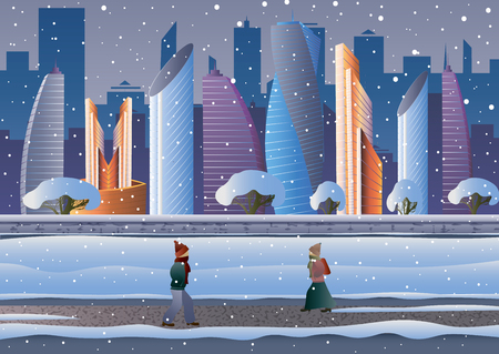 Futuristic city in the snow. People go down the street 10 epsのイラスト素材