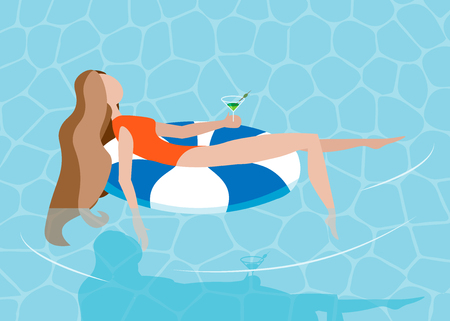 Young long-haired girl sunbath on ring in the swimming pool. Summer vacation, pool party concept. Vector illustration. 10 epsのイラスト素材