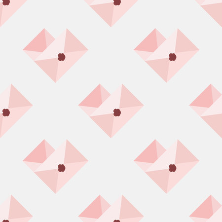 Vector love seamless pattern pink envelope. In the envelope is a card with a heart shaped mail in flat style.のイラスト素材