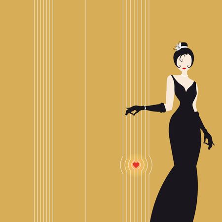 Cute girl on yellow background, fashion silhouette of an woman in a long black dress and heartのイラスト素材