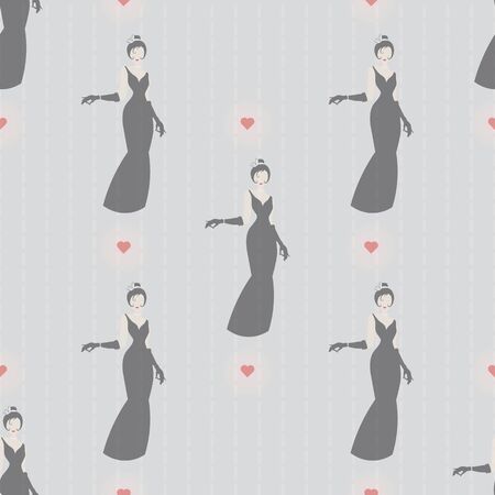 seamless pattern with silhouette of an woman in a long black dress and heartのイラスト素材