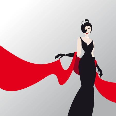 Cute girl with red shawl , fashion silhouette of an woman in a long black dress and red palantineのイラスト素材