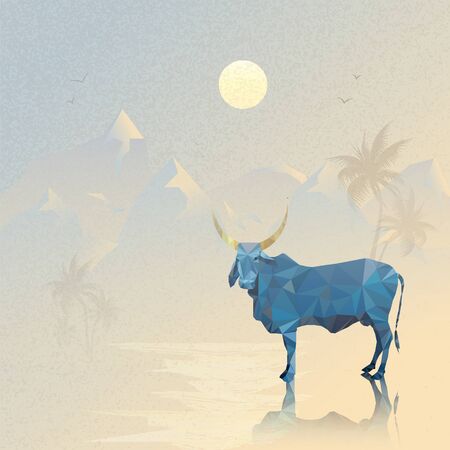 Indian Mountain landscape with a blue cow and golden horns 3d Polygonal art 10 epsのイラスト素材
