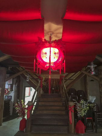 Sarawak, Malaysia-July 27, 2018: A homestay in the old town with traditional view and red lanterns as decoration in Kuching, Sarawak, Malaysia.のeditorial素材