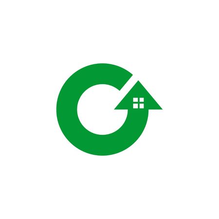 House logo design with circular arrow concept template, initial letter O graphic logo, isolated on white background.のイラスト素材
