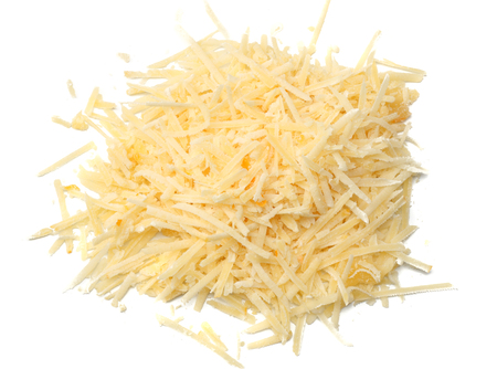 grated cheese isolated on white background. top viewの写真素材