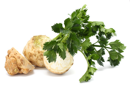 celery root with leaf isolated on white background. Celery isolated on white. Healthy foodの写真素材