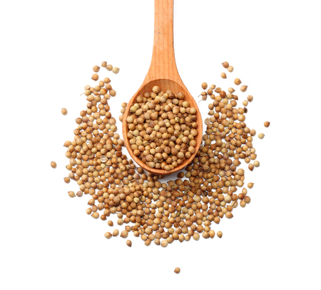 coriander seeds in wooden spoon isolated on white background top viewの写真素材