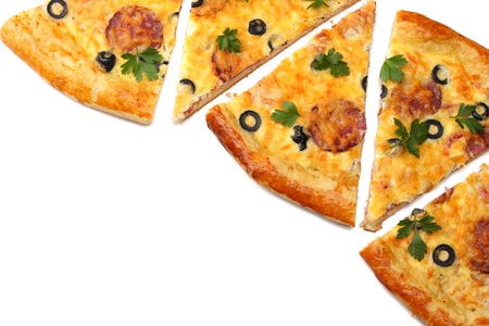 Piece of pizza with olives isolated on white background. top viewの写真素材