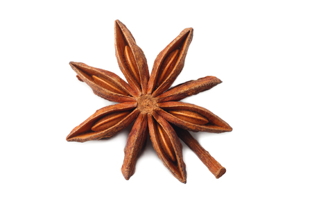 Top view of dry star anise fruit and seeds isolated on whiteの写真素材