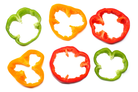 sliced sweet bell pepper isolated on white background. top viewの写真素材
