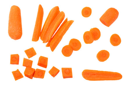 group of organic small baby carrots isolated on a white background. Top view