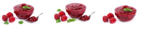 raspberry collection. healthy background. raspberry jam with raspberry berries isolated on white...