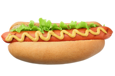Hot dog grill with lettuce and mustard isolated on white background. fast food.の写真素材