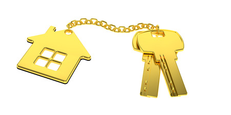 Golden house keys with golden trinket house isolated on white background. new home concept. Real estate. 3d renderingの写真素材
