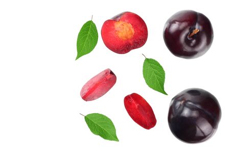 fresh plum fruit with green leaf and cut plum slices isolated on white background. top viewの写真素材