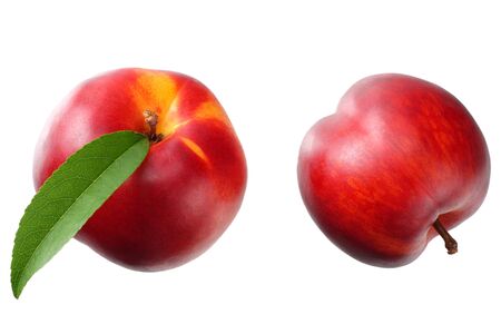 nectarine with green leaf isolated on a white background. top viewの写真素材