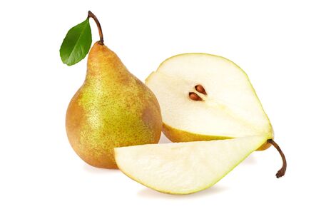 ripe green pear with slices isolated on white backgroundの写真素材