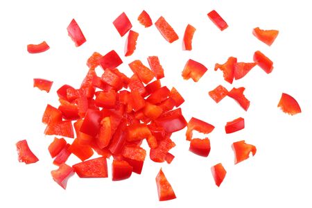 pieces of red sweet bell pepper isolated on white background. top viewの写真素材