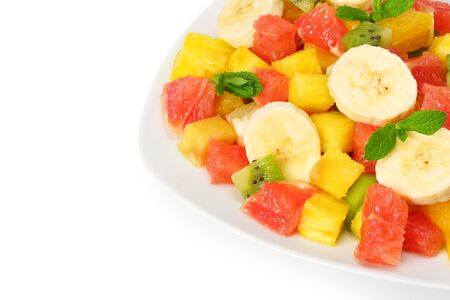 Bowl of healthy citrus fruit salad isolated on white background. Top view.の写真素材