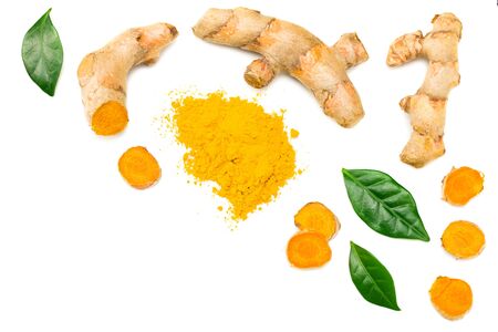 Turmeric powder with turmeric root isolated on white background. Top view.の写真素材