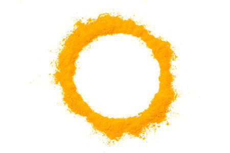 Turmeric powder isolated on white background. Top view.の写真素材