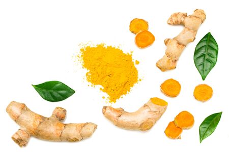 Turmeric powder with turmeric root isolated on white background. Top view.の写真素材