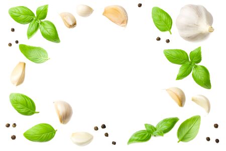 garlic with basil isolated on white background, top viewの写真素材
