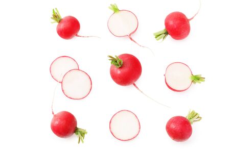 fresh radish with slices isolated on white background. top viewの写真素材
