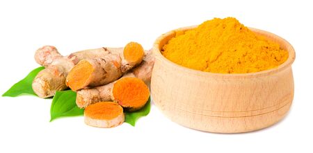 Turmeric powder with turmeric root isolated on white backgroundの写真素材